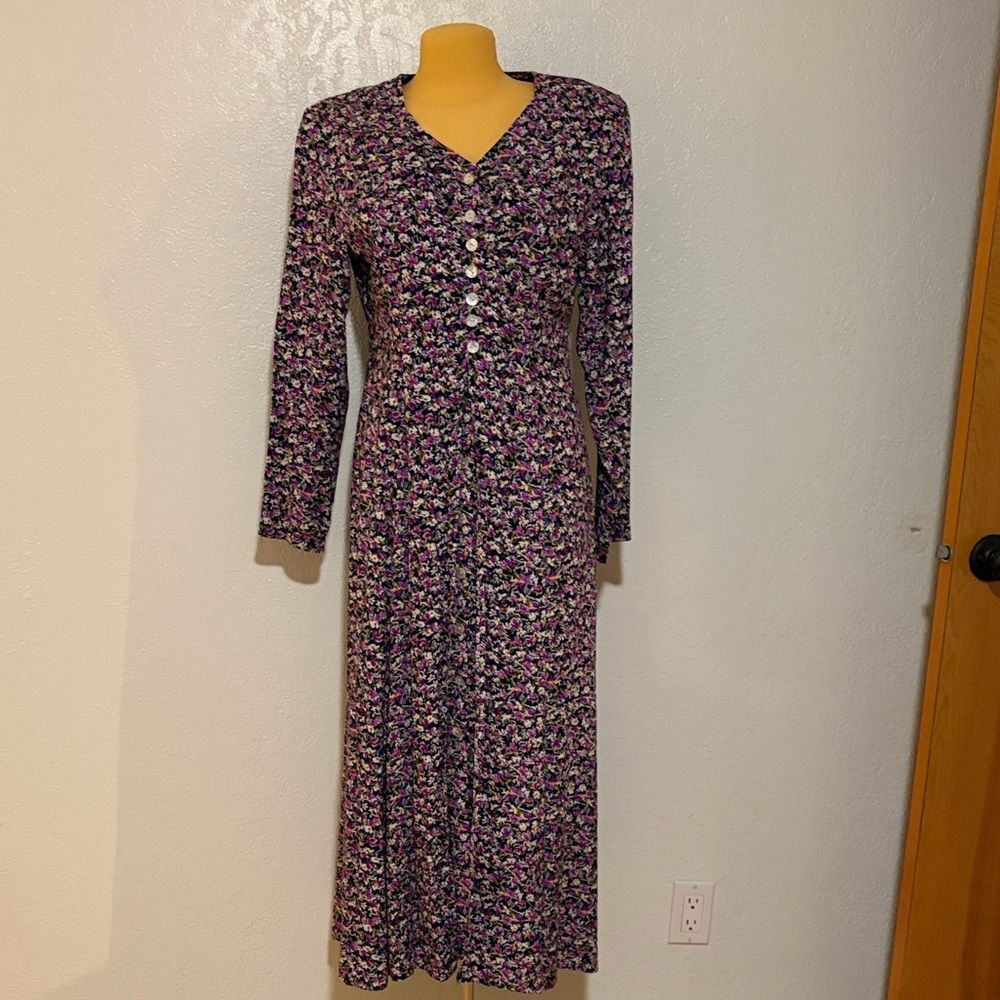 Dark Floral Long Sleeve Maxi Dress Navy Purple Vintage 90s Grandma Goth Grunge - Picture 9 of 10
